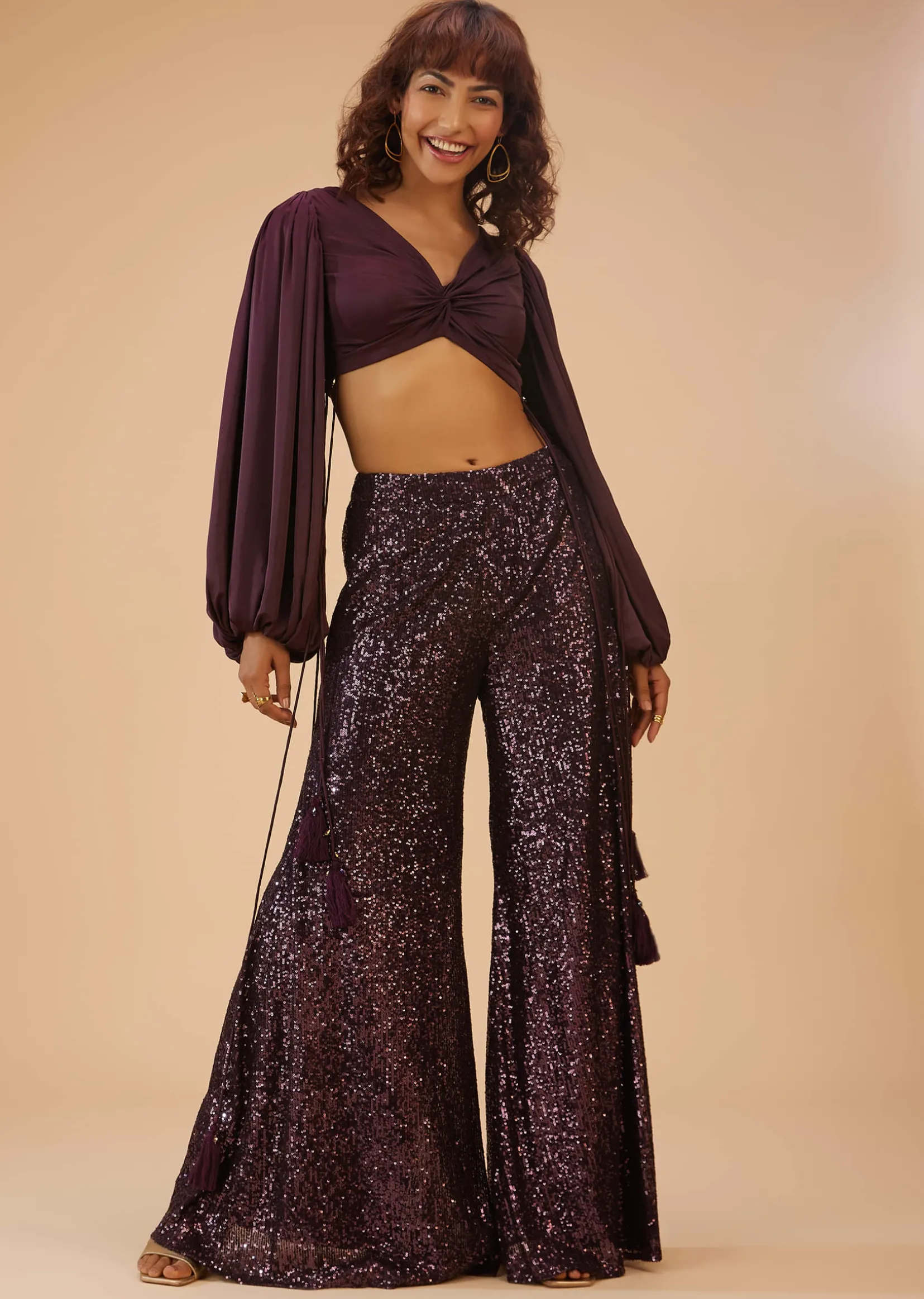 Wine Purple Palazzo And Crop-Top Set