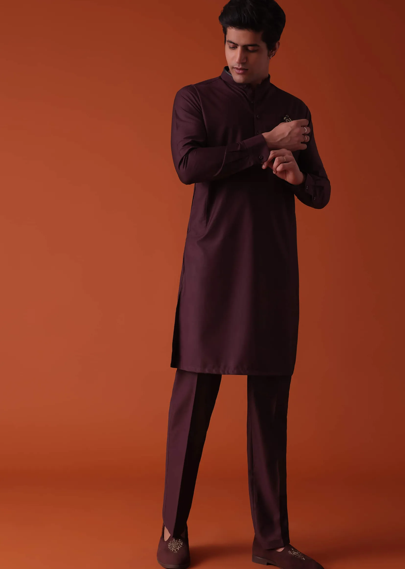 Wine Purple Pathani Kurta Set In Terry Rayon With Threadwork