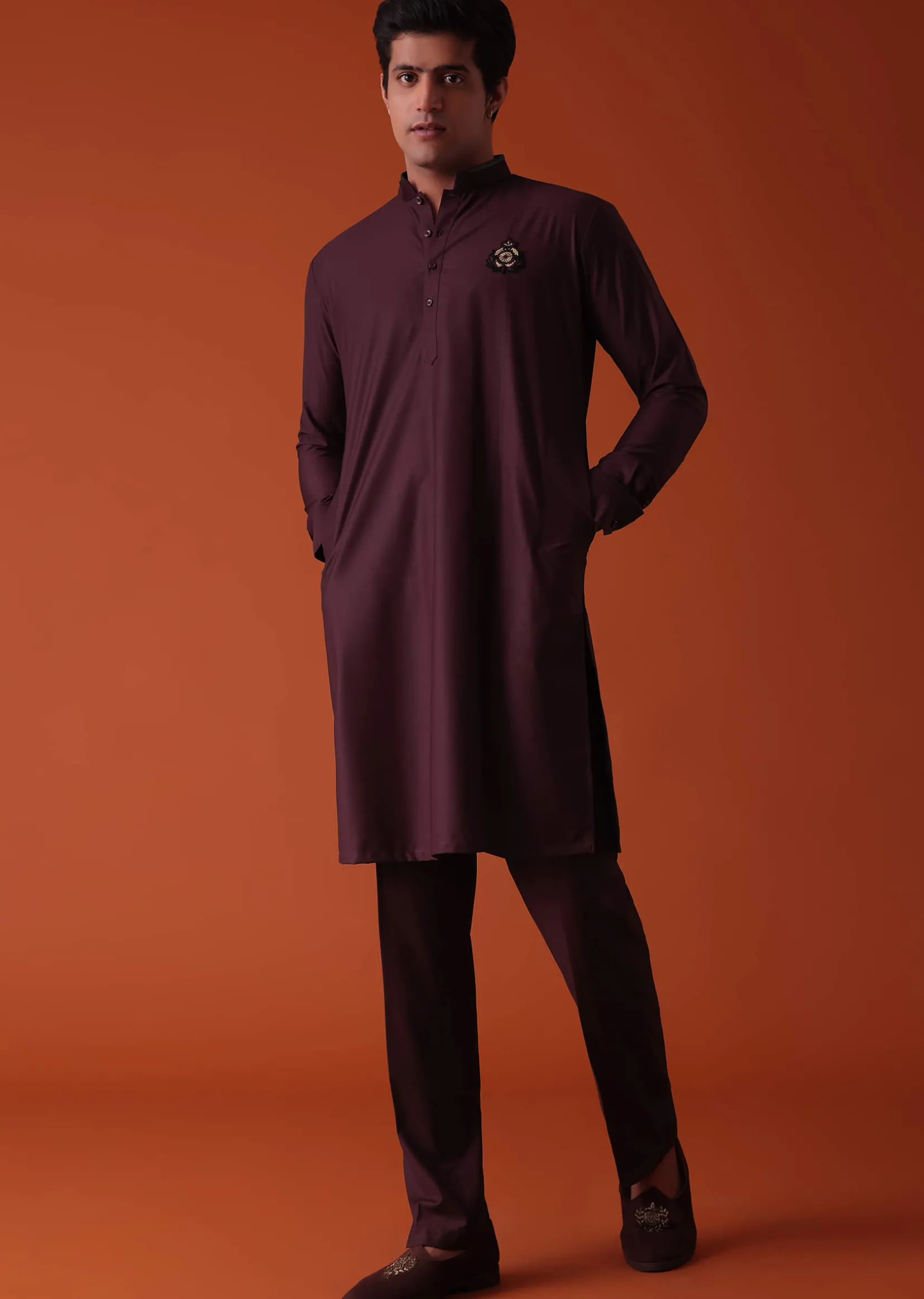 Wine Purple Pathani Kurta Set In Terry Rayon With Threadwork