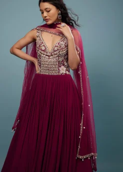 Wine Red Embroidered Anarkali Suit In Viscose Georgette
