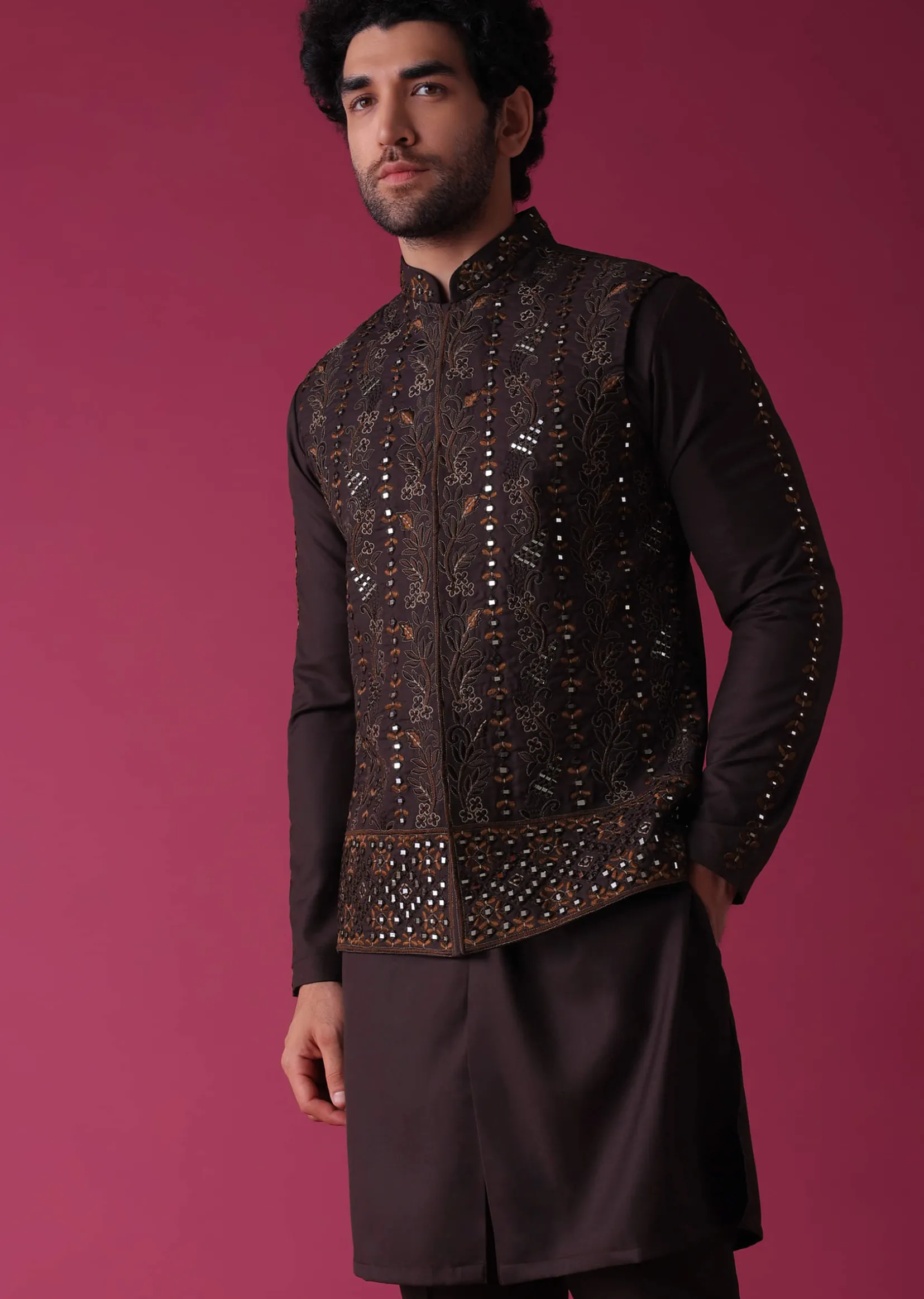 Wine Red Jacket Kurta Set In Silk With Heavy Threadwork And Abla