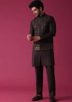 Wine Red Jacket Kurta Set In Silk With Heavy Threadwork And Abla