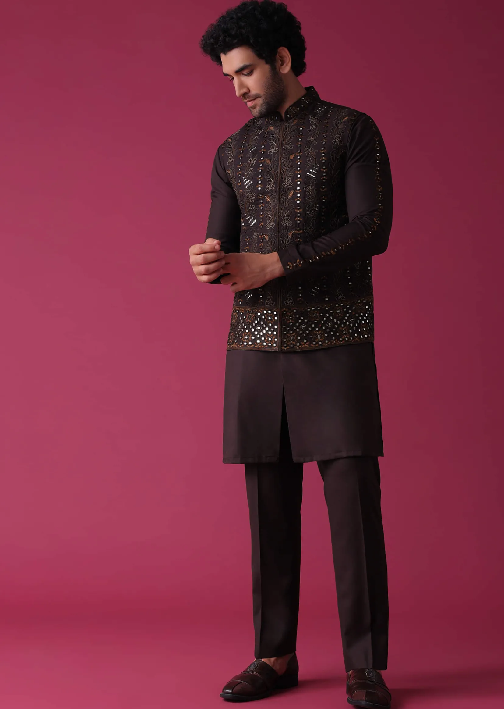 Wine Red Jacket Kurta Set In Silk With Heavy Threadwork And Abla
