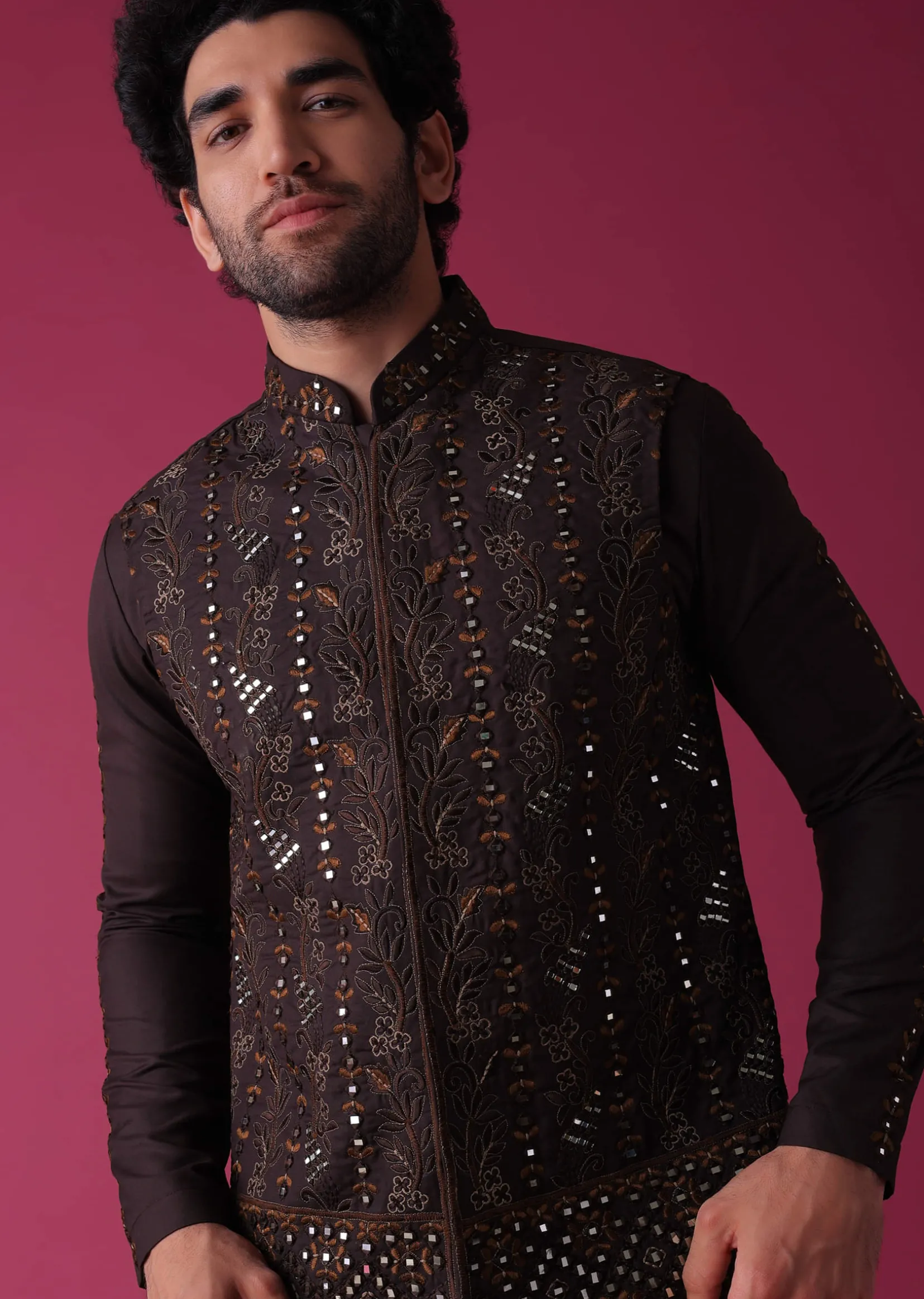 Wine Red Jacket Kurta Set In Silk With Heavy Threadwork And Abla