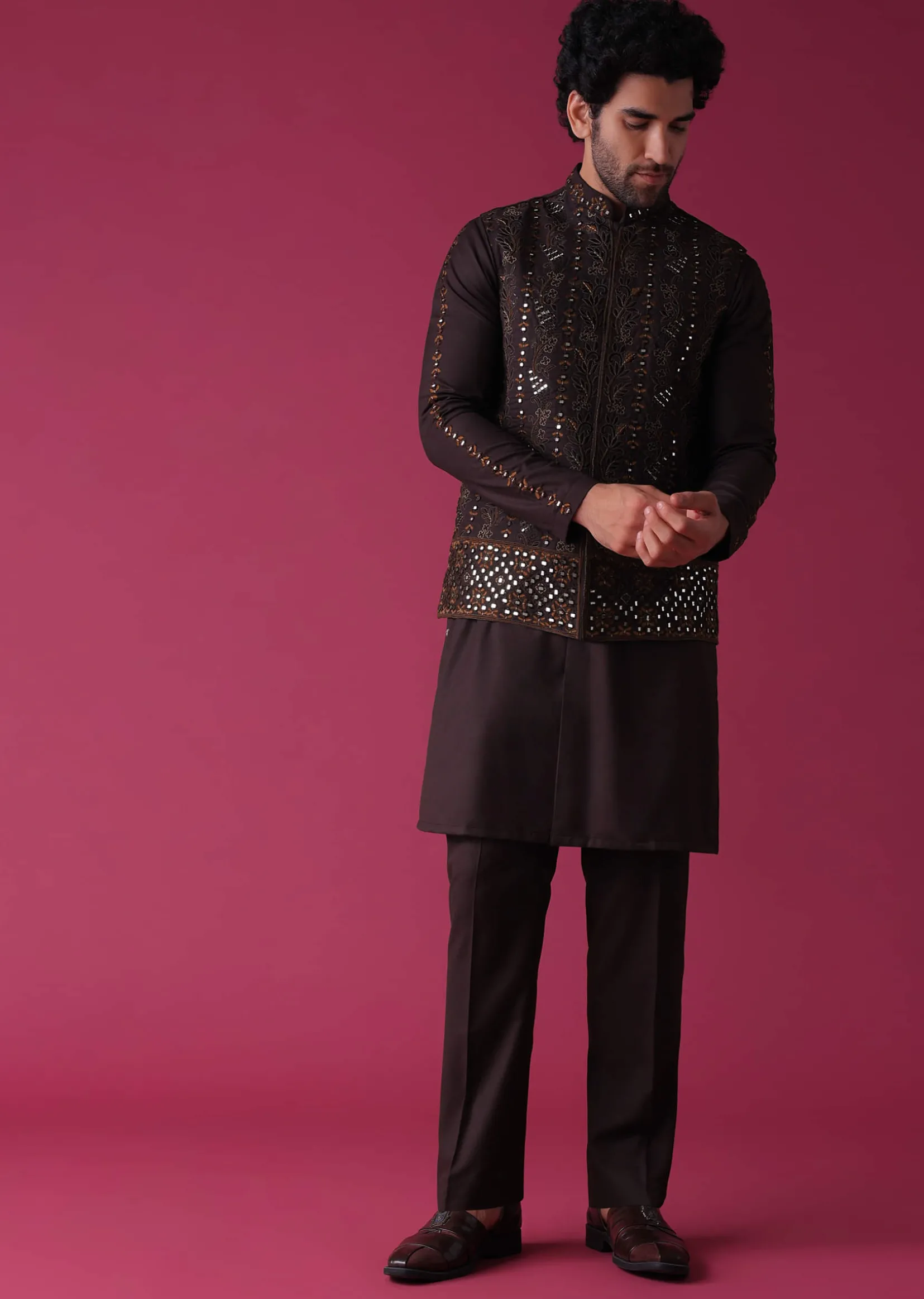 Wine Red Jacket Kurta Set In Silk With Heavy Threadwork And Abla