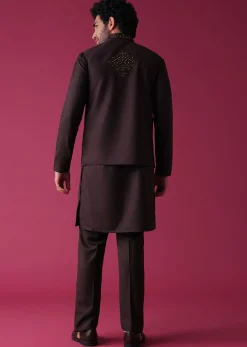 Wine Red Jacket Kurta Set In Silk With Heavy Threadwork And Abla