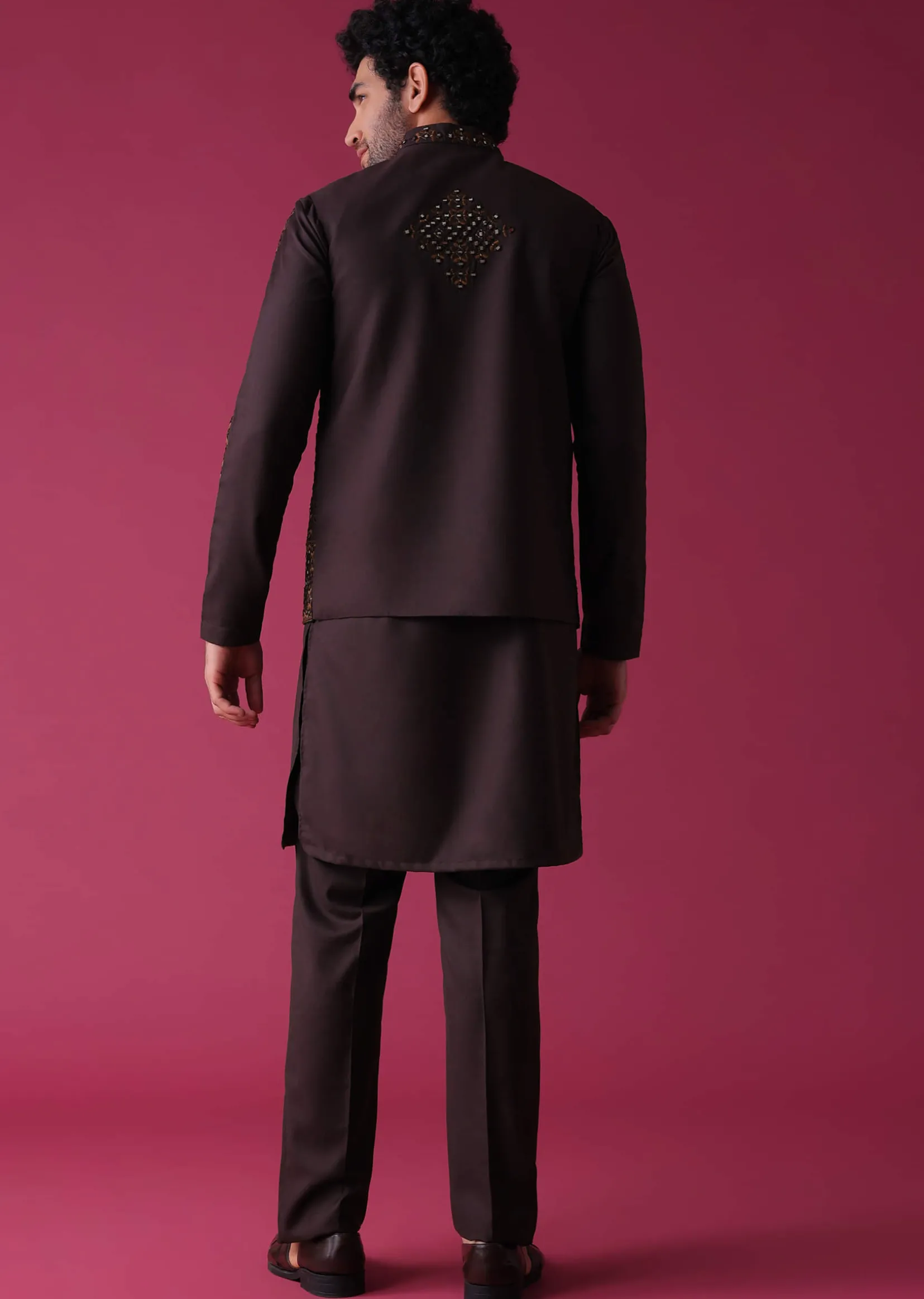 Wine Red Jacket Kurta Set In Silk With Heavy Threadwork And Abla