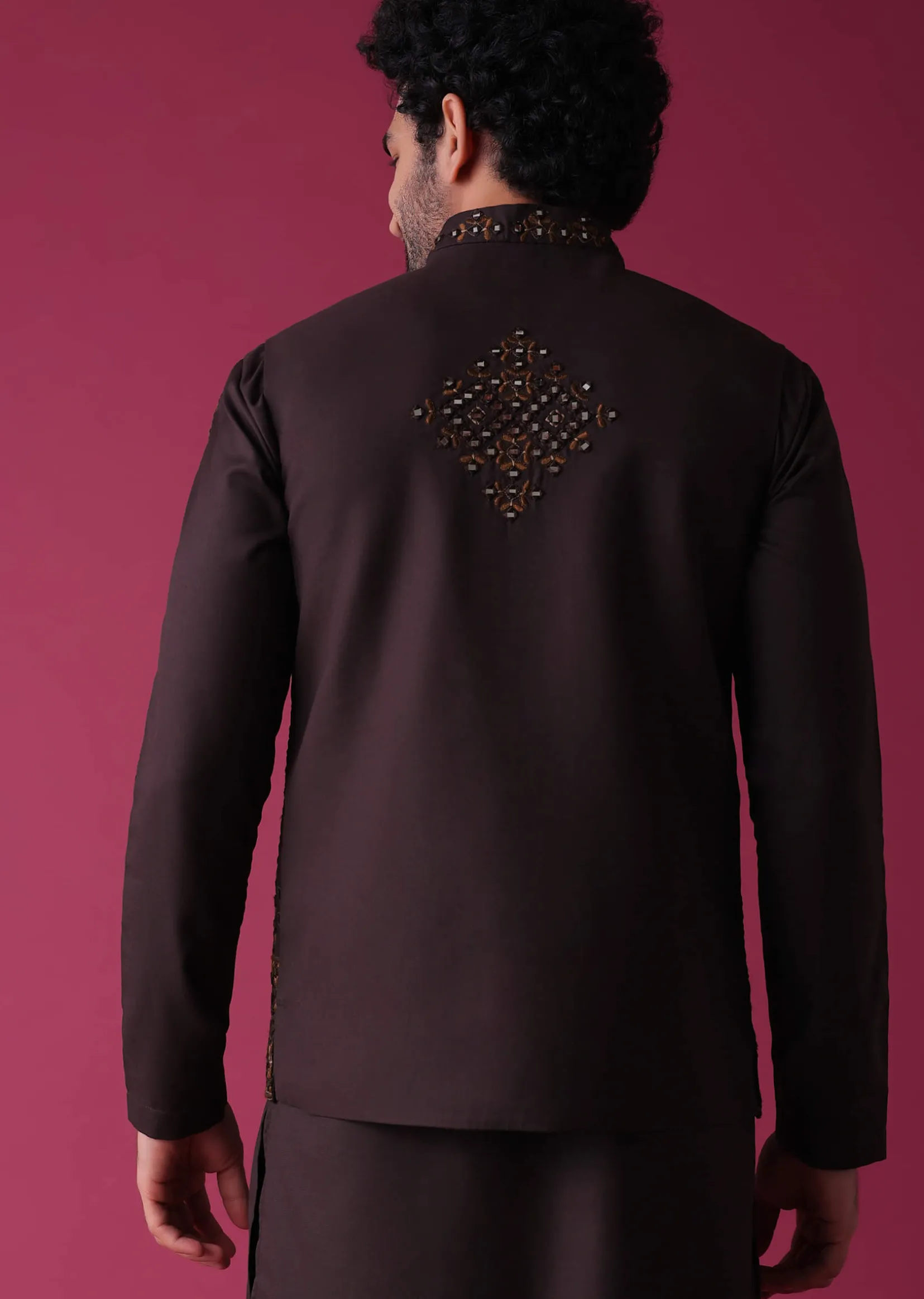 Wine Red Jacket Kurta Set In Silk With Heavy Threadwork And Abla