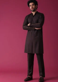 Wine Red Jacket Kurta Set In Silk With Heavy Threadwork And Abla