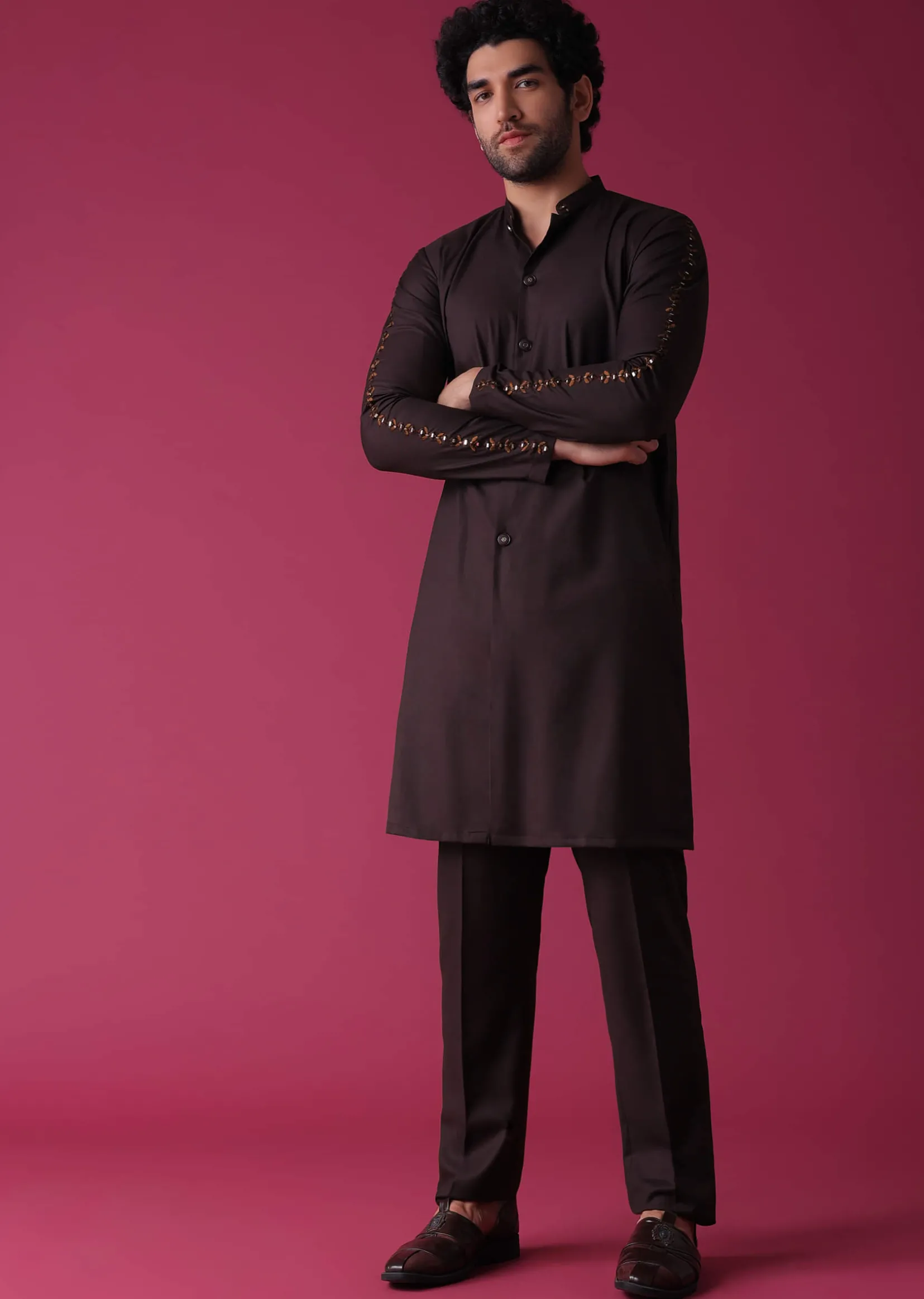 Wine Red Jacket Kurta Set In Silk With Heavy Threadwork And Abla
