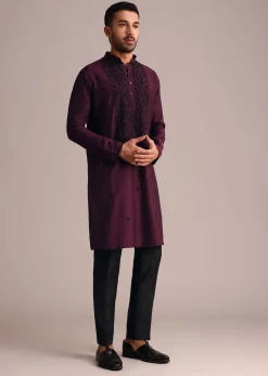 Wine Resham Work Kurta Set