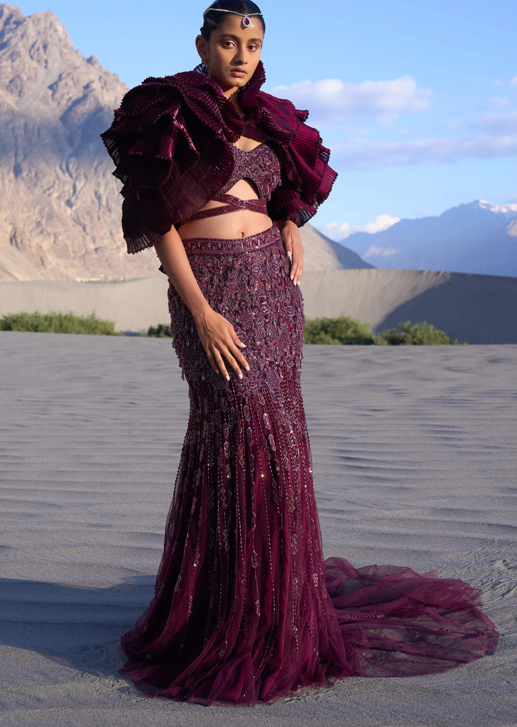 Wine Ruffle Embroidered Fish Cut Lehenga With Long Trail And Jacket