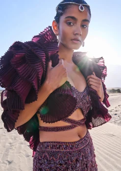 Wine Ruffle Embroidered Fish Cut Lehenga With Long Trail And Jacket