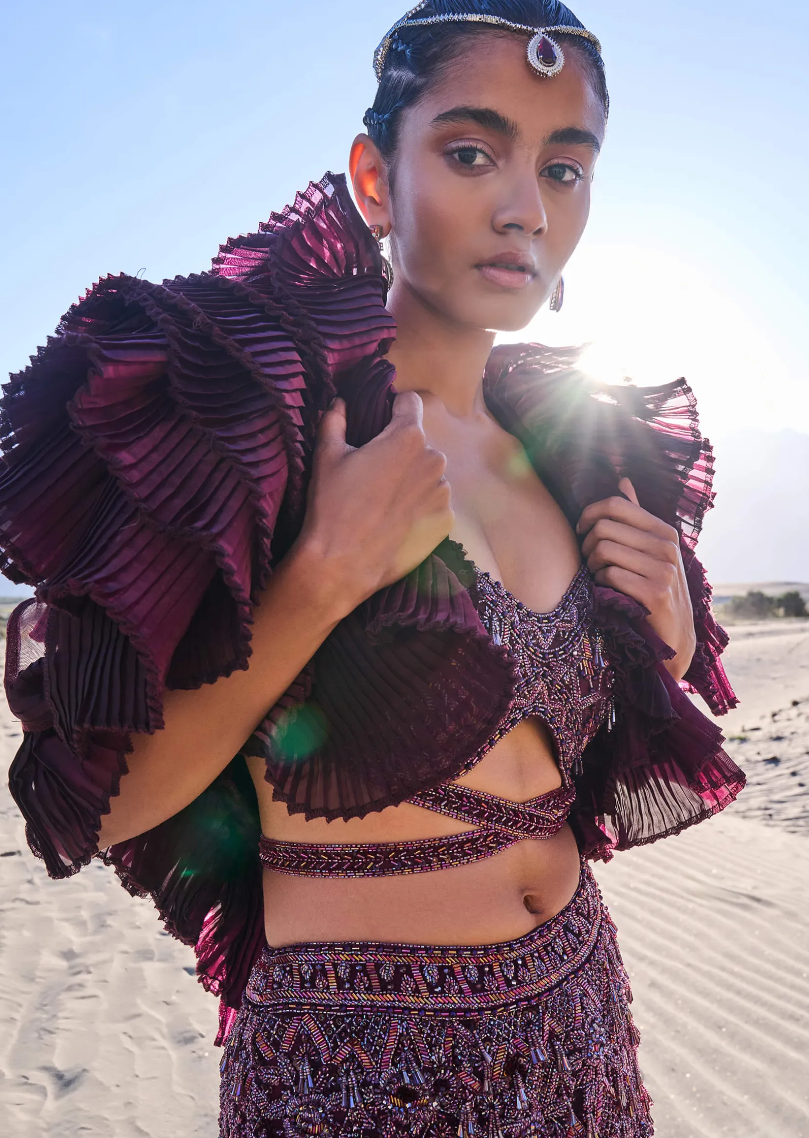 Wine Ruffle Embroidered Fish Cut Lehenga With Long Trail And Jacket