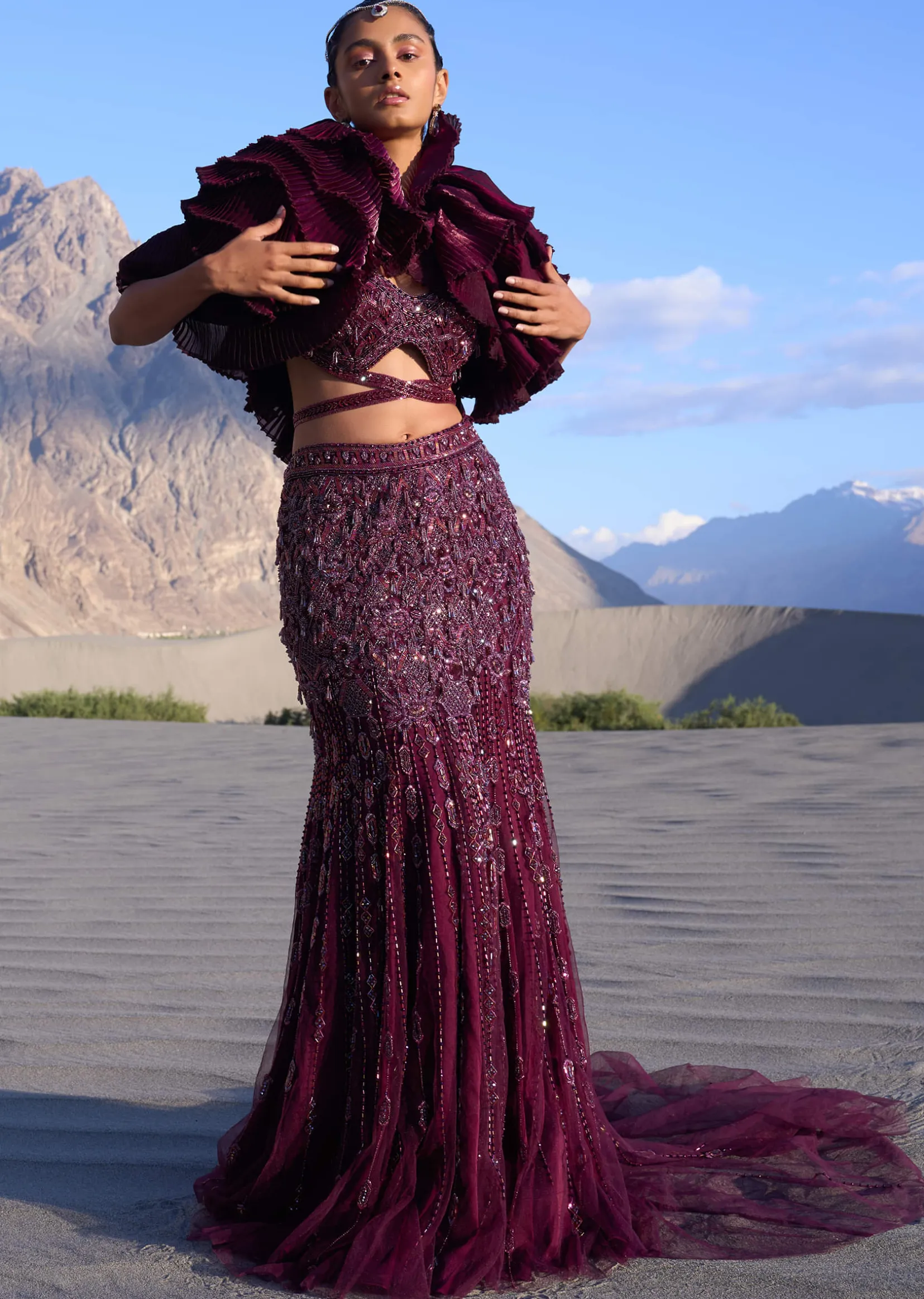 Wine Ruffle Embroidered Fish Cut Lehenga With Long Trail And Jacket