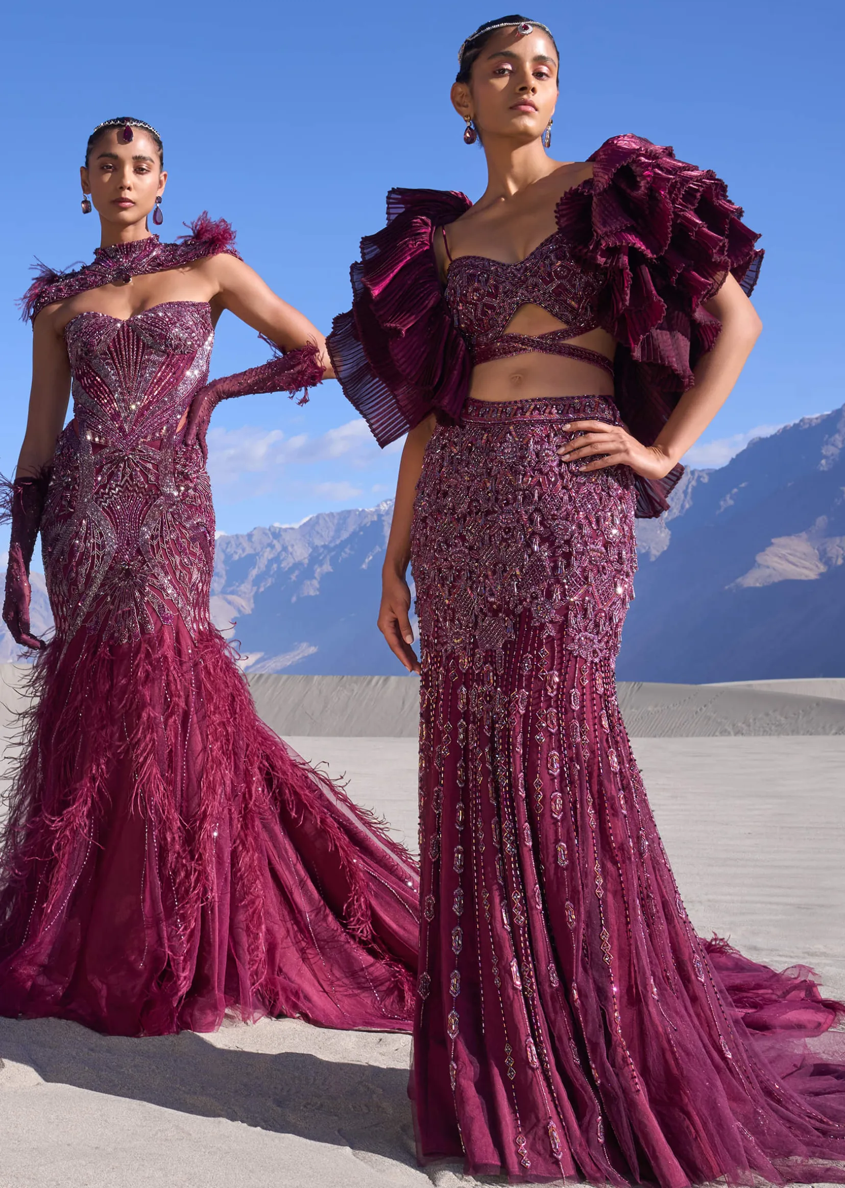 Wine Ruffle Embroidered Fish Cut Lehenga With Long Trail And Jacket