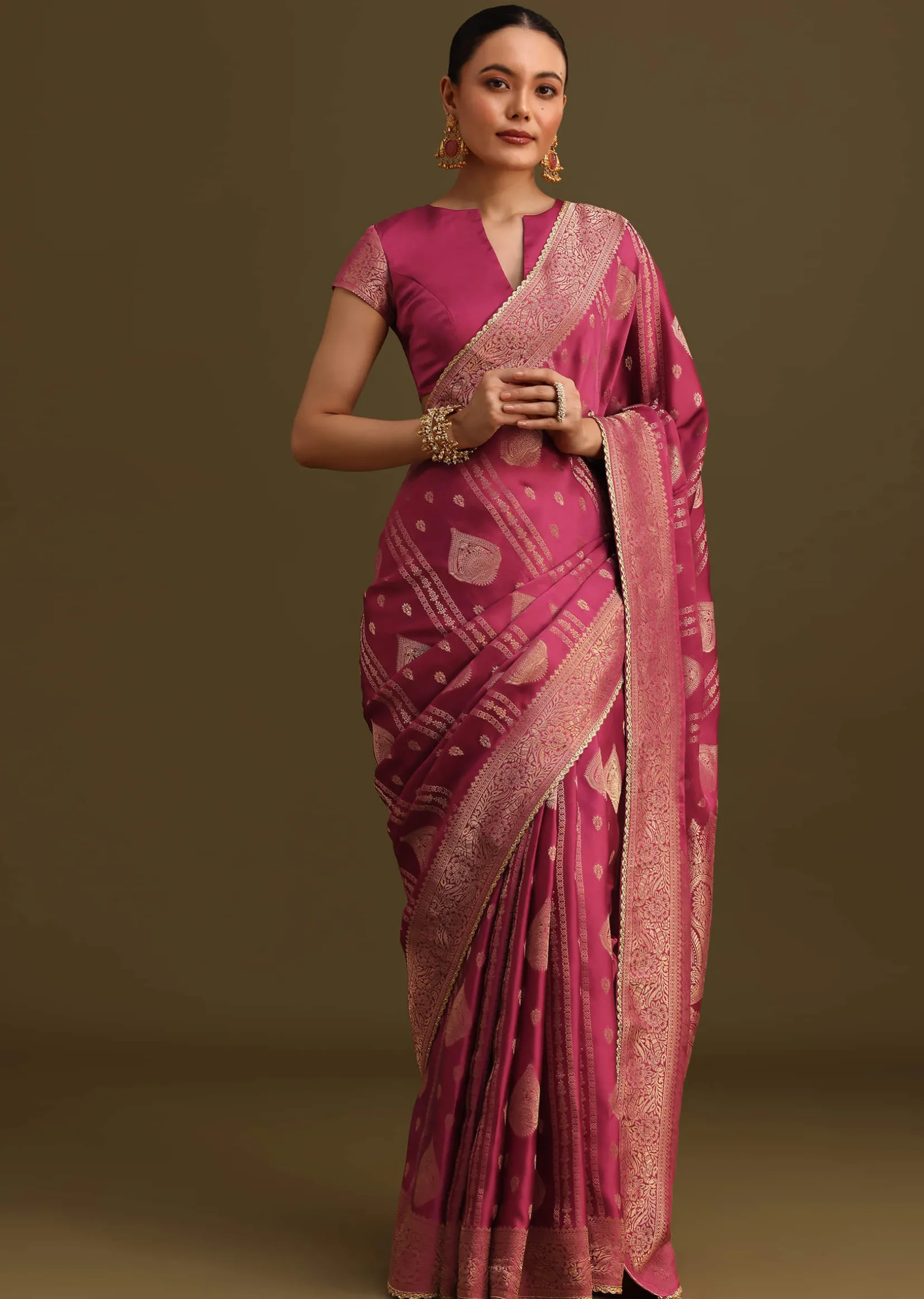 Wine Satin Brocade Zari Weave Saree