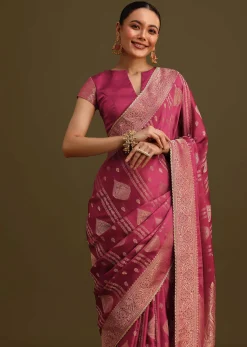 Wine Satin Brocade Zari Weave Saree