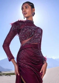 Wine Satin Embroidered High Slit Draped Gown With Side Trail