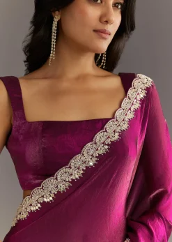 Wine Satin Embroidered Saree With Gota Patti And Zardosi Work