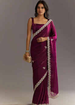 Wine Satin Embroidered Saree With Gota Patti And Zardosi Work