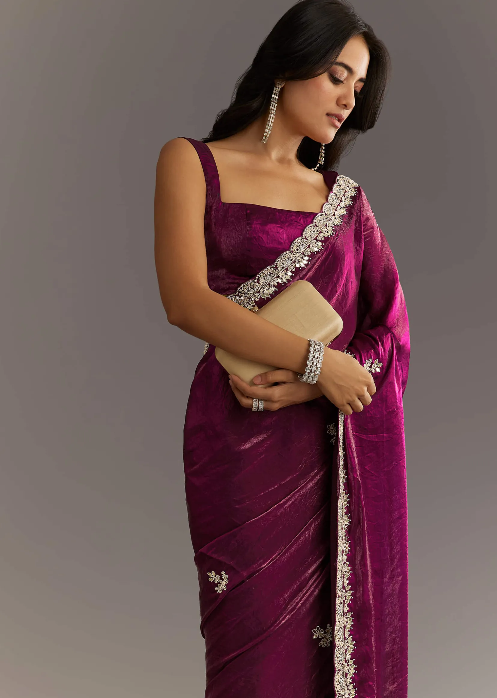 Wine Satin Embroidered Saree With Gota Patti And Zardosi Work