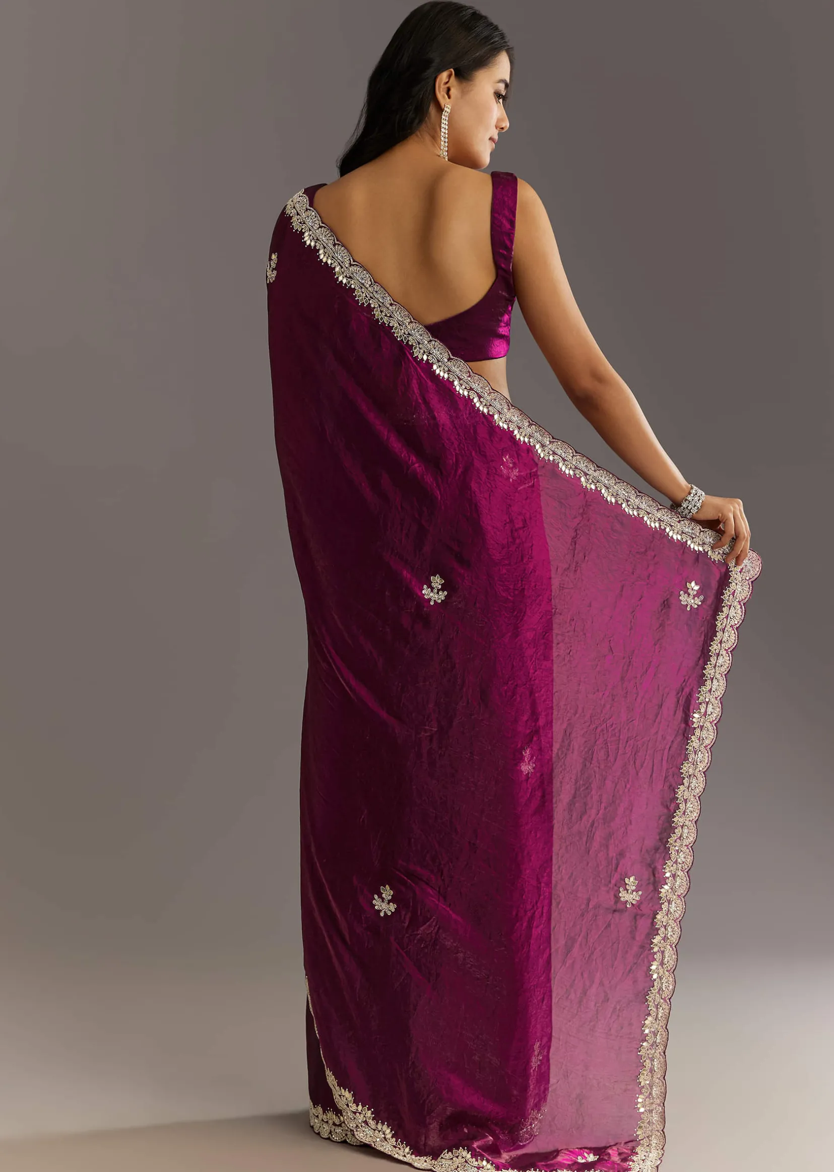 Wine Satin Embroidered Saree With Gota Patti And Zardosi Work