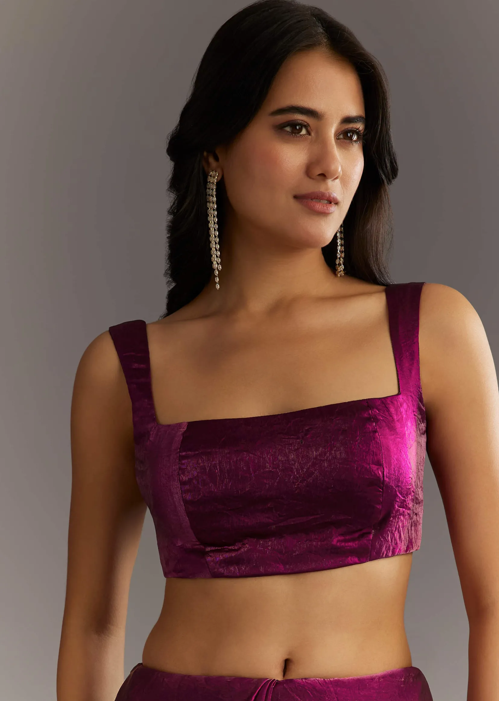 Wine Satin Embroidered Saree With Gota Patti And Zardosi Work
