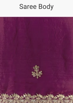 Wine Satin Embroidered Saree With Gota Patti And Zardosi Work