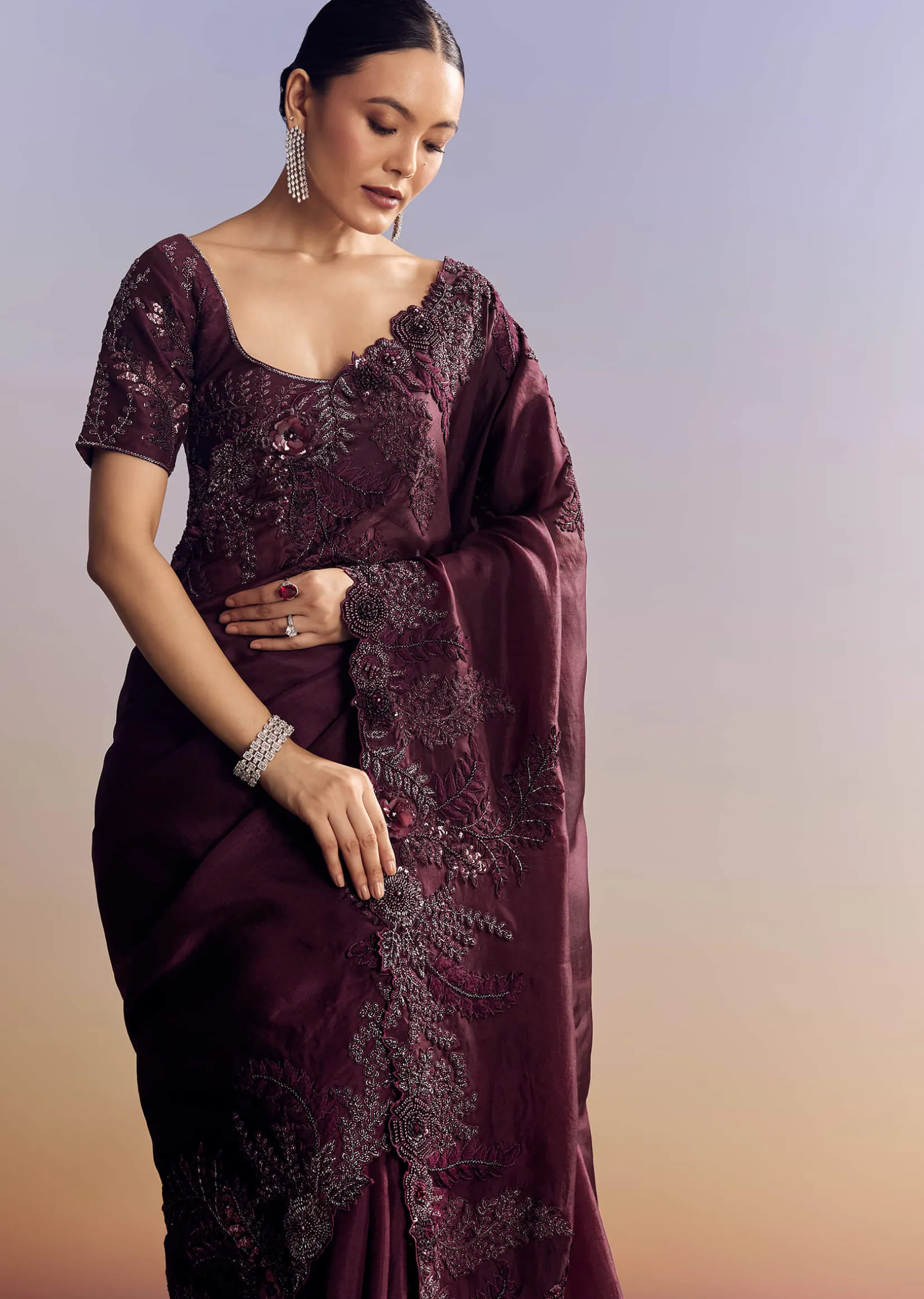 Wine Satin Saree With Heavy Floral Embroidery In Sequins And Cutdana