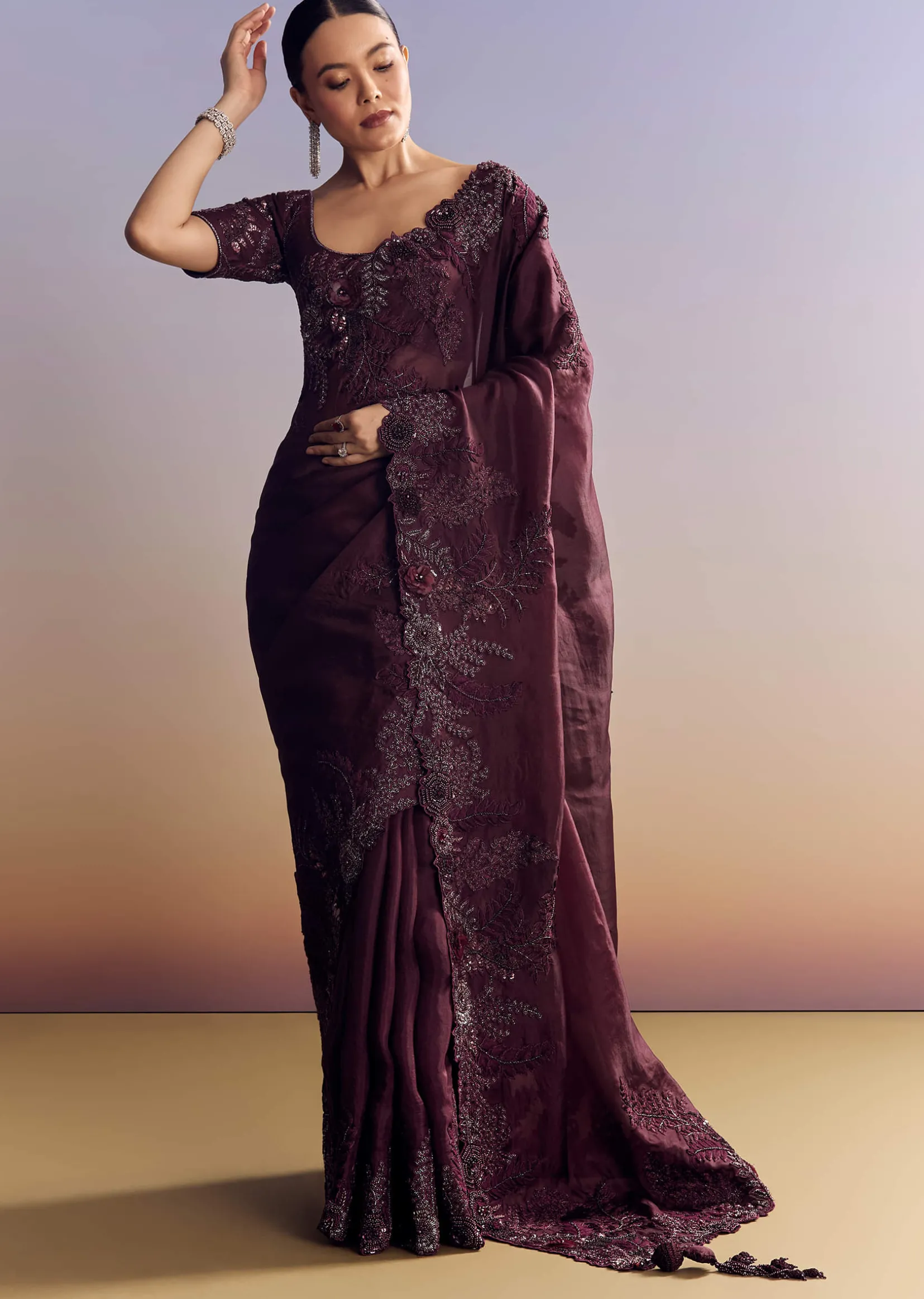 Wine Satin Saree With Heavy Floral Embroidery In Sequins And Cutdana