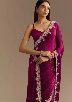Wine Satin Sequins Saree With Zardosi Cutdana Embroidery And Scallop Border