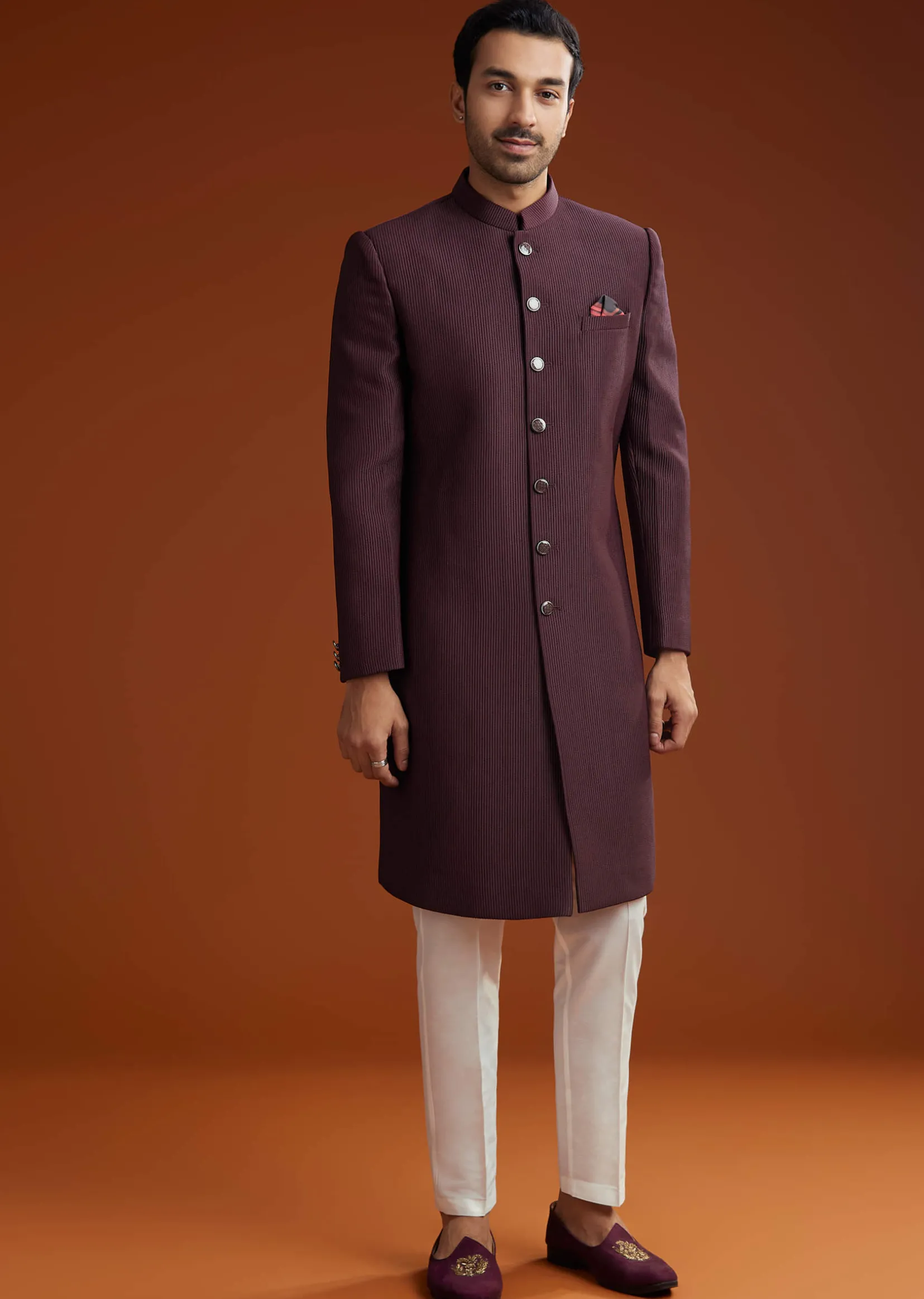 Wine Sherwani Set With Minimalist Design