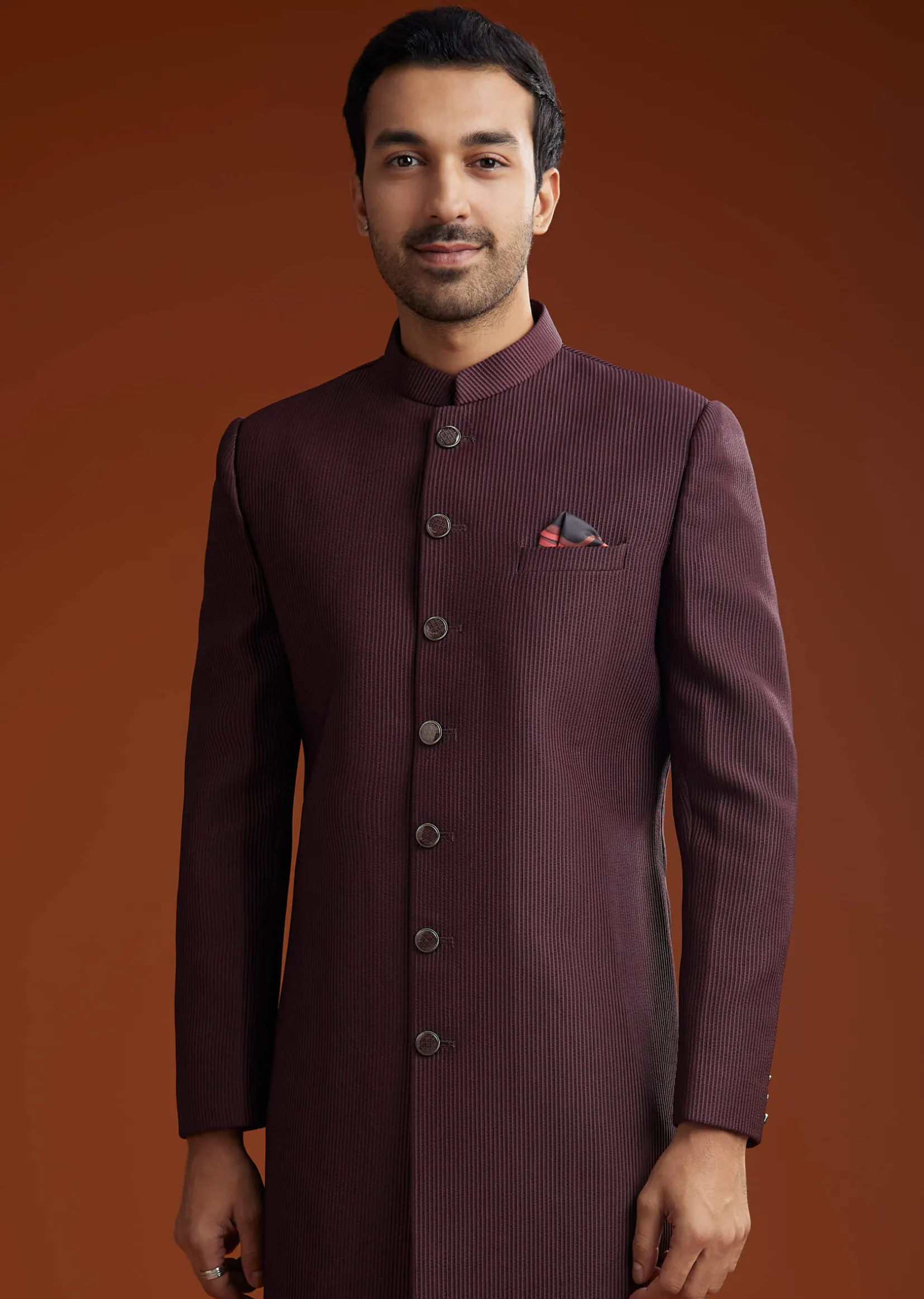 Wine Sherwani Set With Minimalist Design