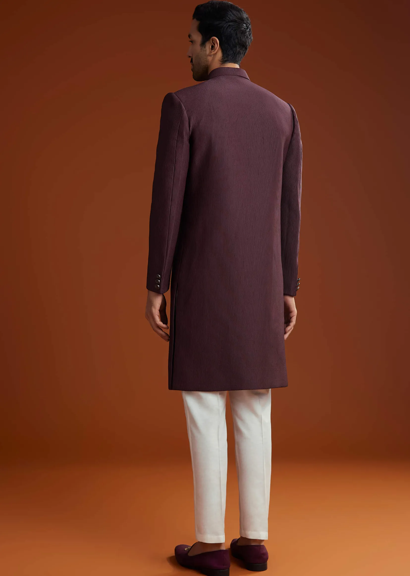 Wine Sherwani Set With Minimalist Design