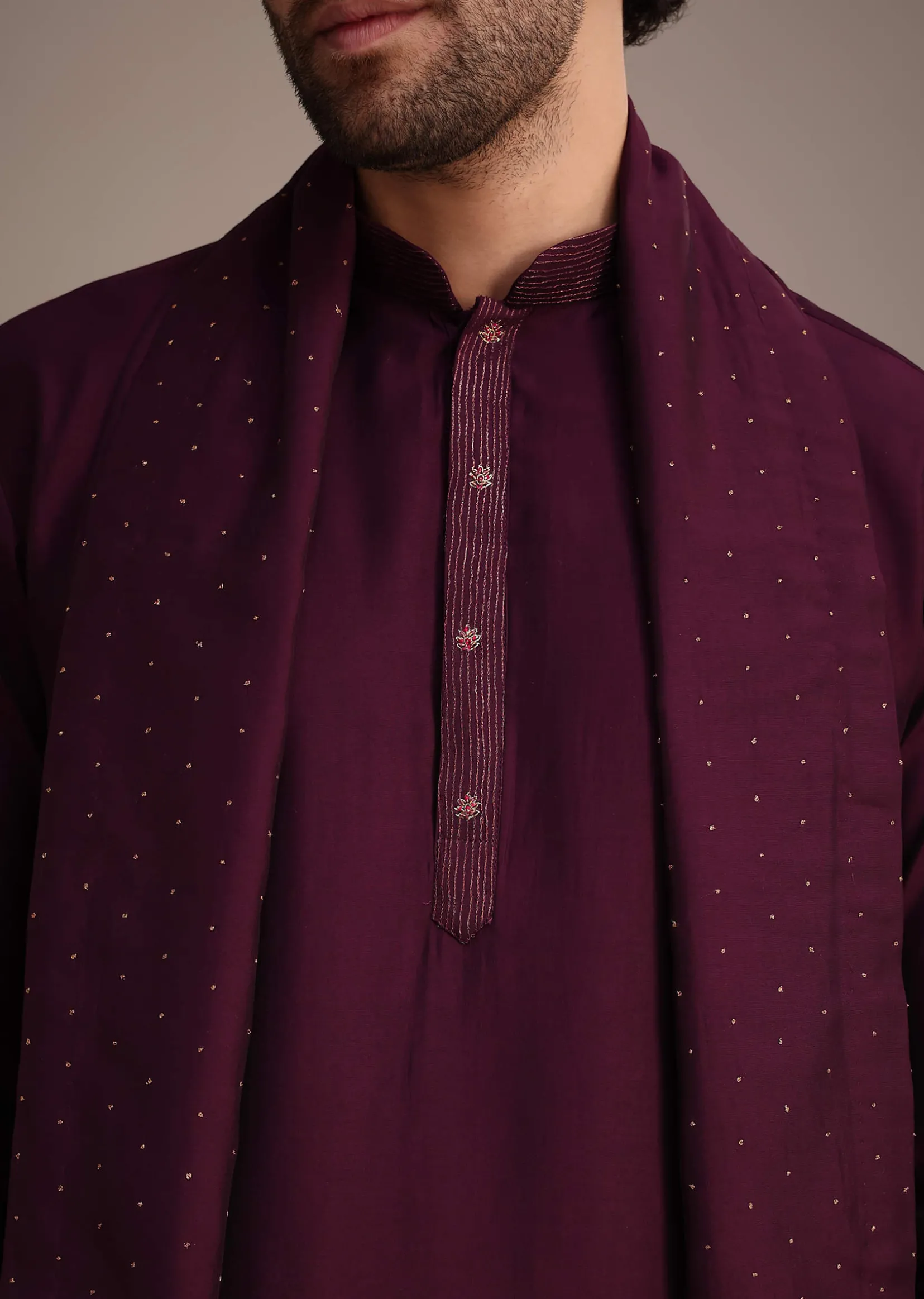 Wine Silk Blend Kurta Set With Thread Work Dupatta