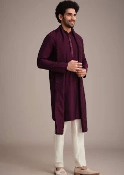 Wine Silk Blend Kurta Set With Thread Work Dupatta