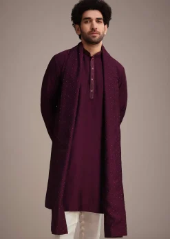 Wine Silk Blend Kurta Set With Thread Work Dupatta