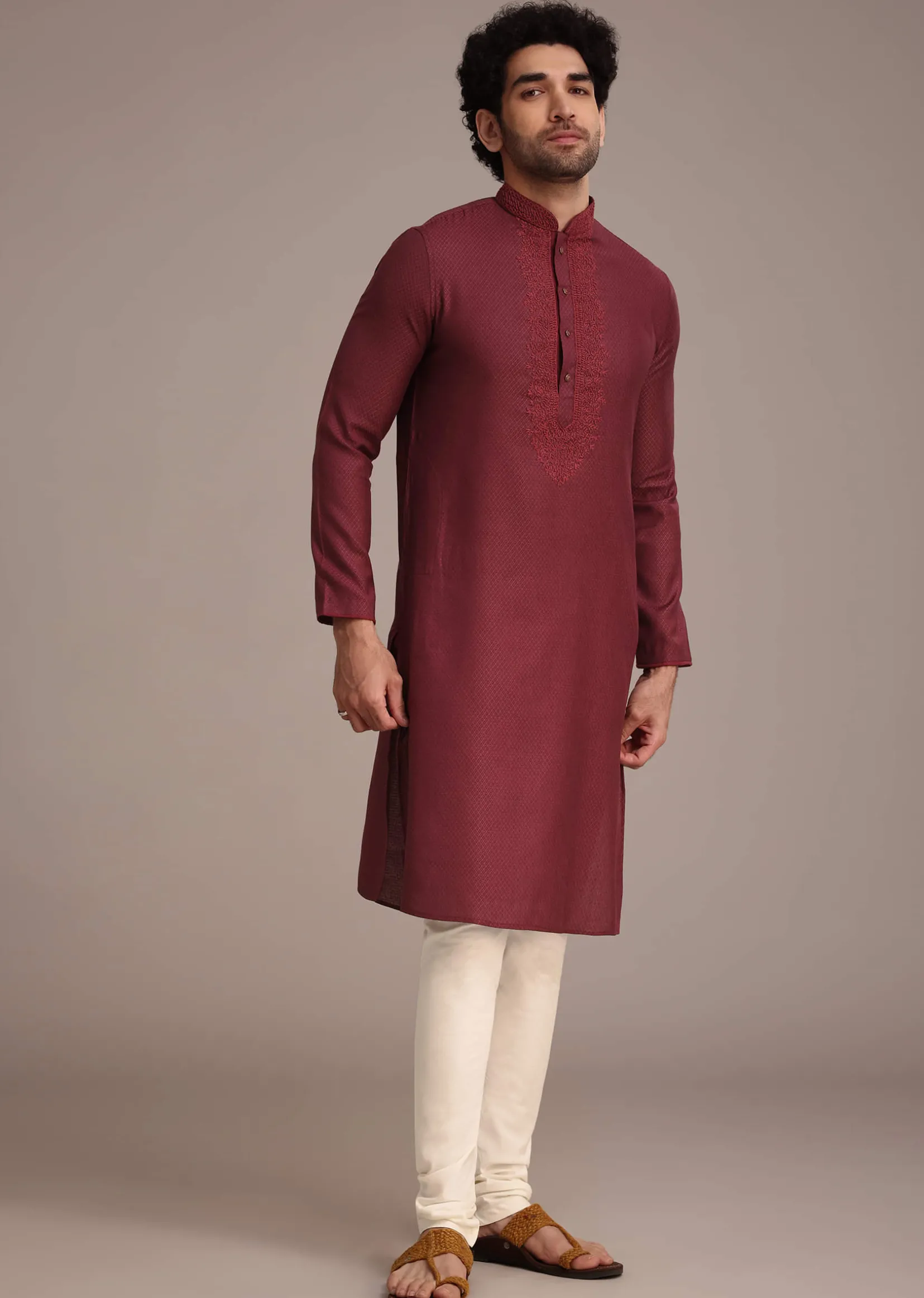 Wine Silk Blend Thread Hand Embroidered Kurta Set