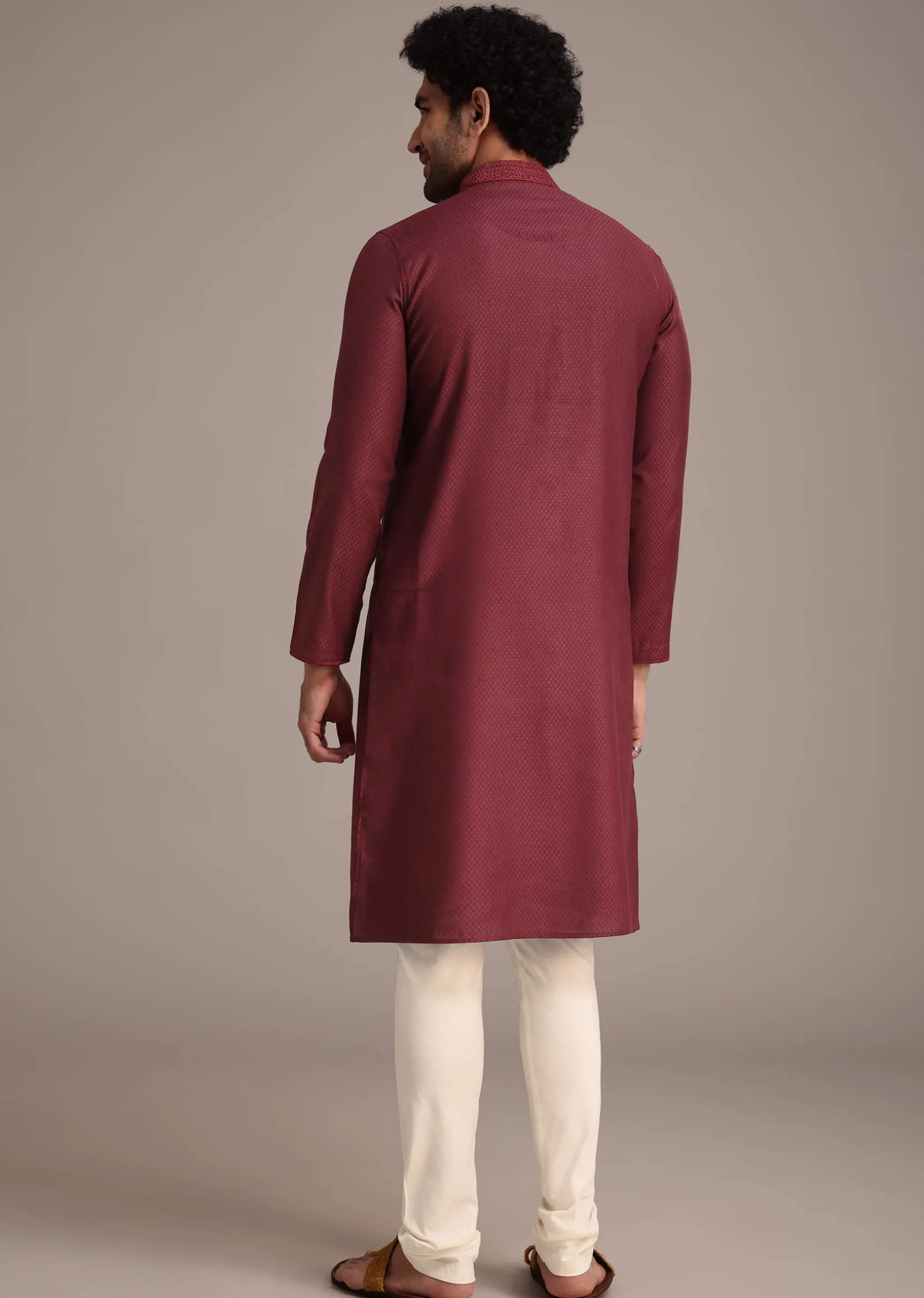 Wine Silk Blend Thread Hand Embroidered Kurta Set