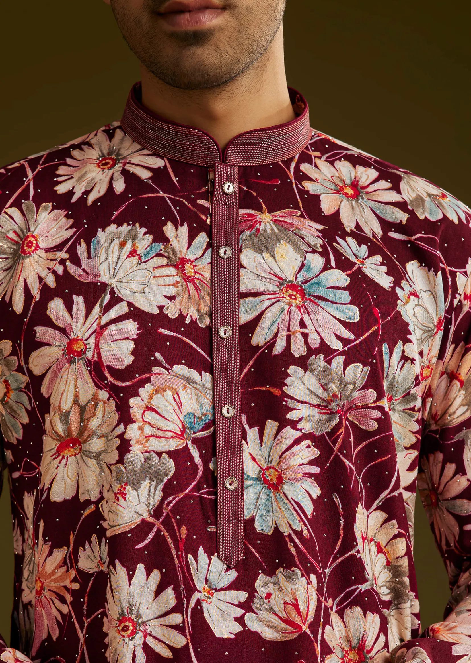 Wine Silk Floral Printed Kurta Set With Stone Work