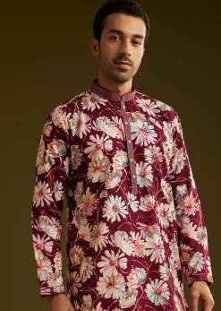 Wine Silk Floral Printed Kurta Set With Stone Work