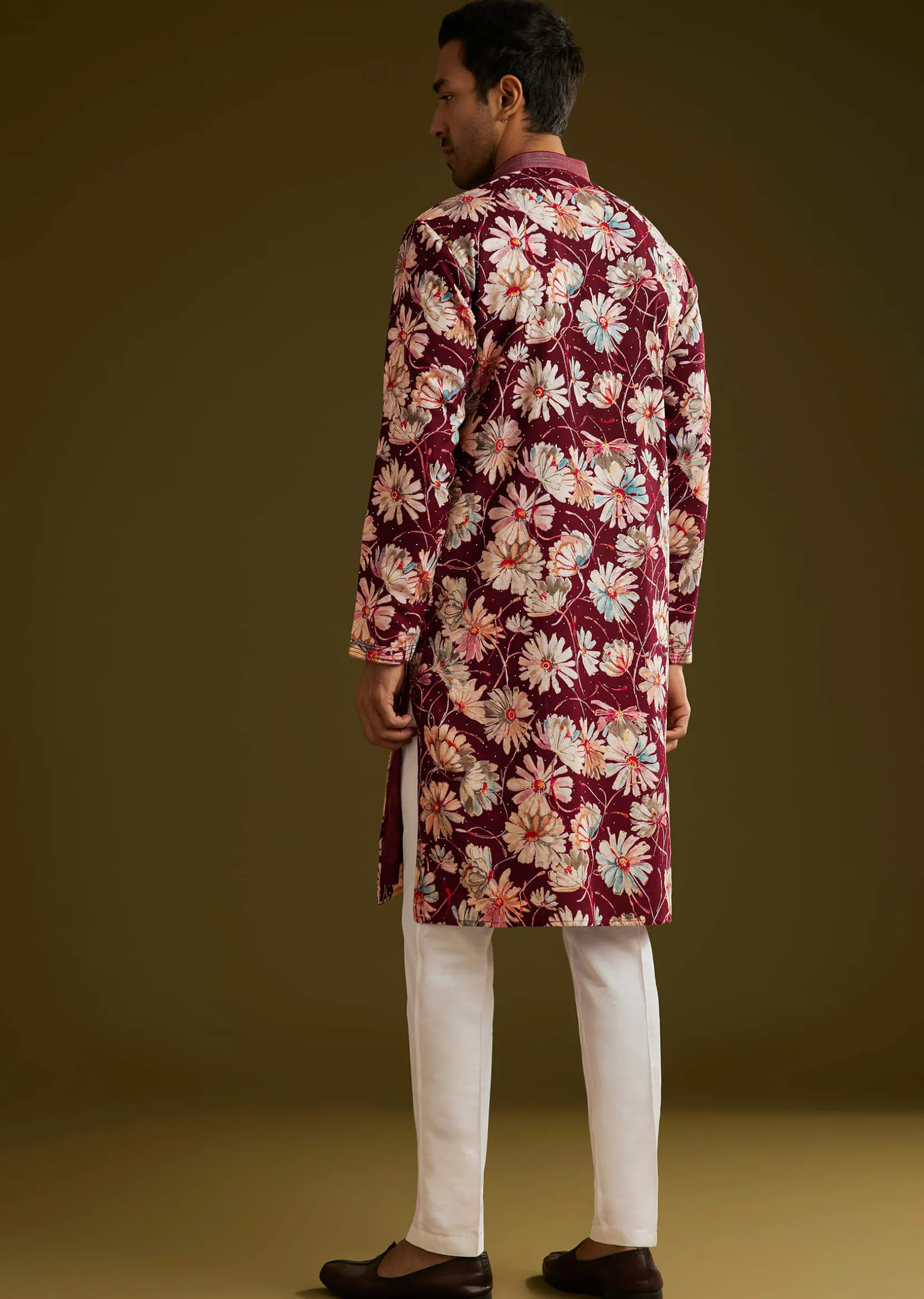 Wine Silk Floral Printed Kurta Set With Stone Work