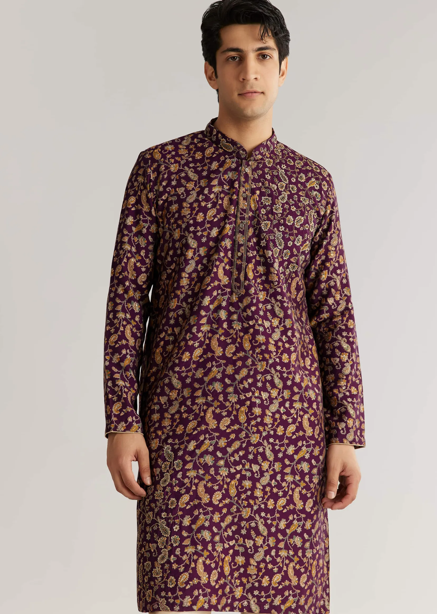 Wine Silk Floral Printed Kurta Set With Cutdana Work