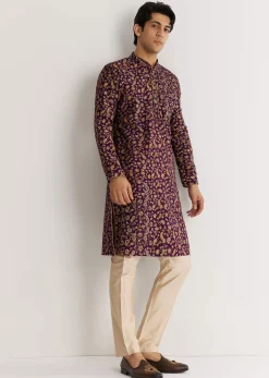 Wine Silk Floral Printed Kurta Set With Cutdana Work