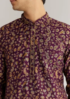 Wine Silk Floral Printed Kurta Set With Cutdana Work