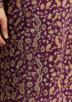 Wine Silk Floral Printed Kurta Set With Cutdana Work