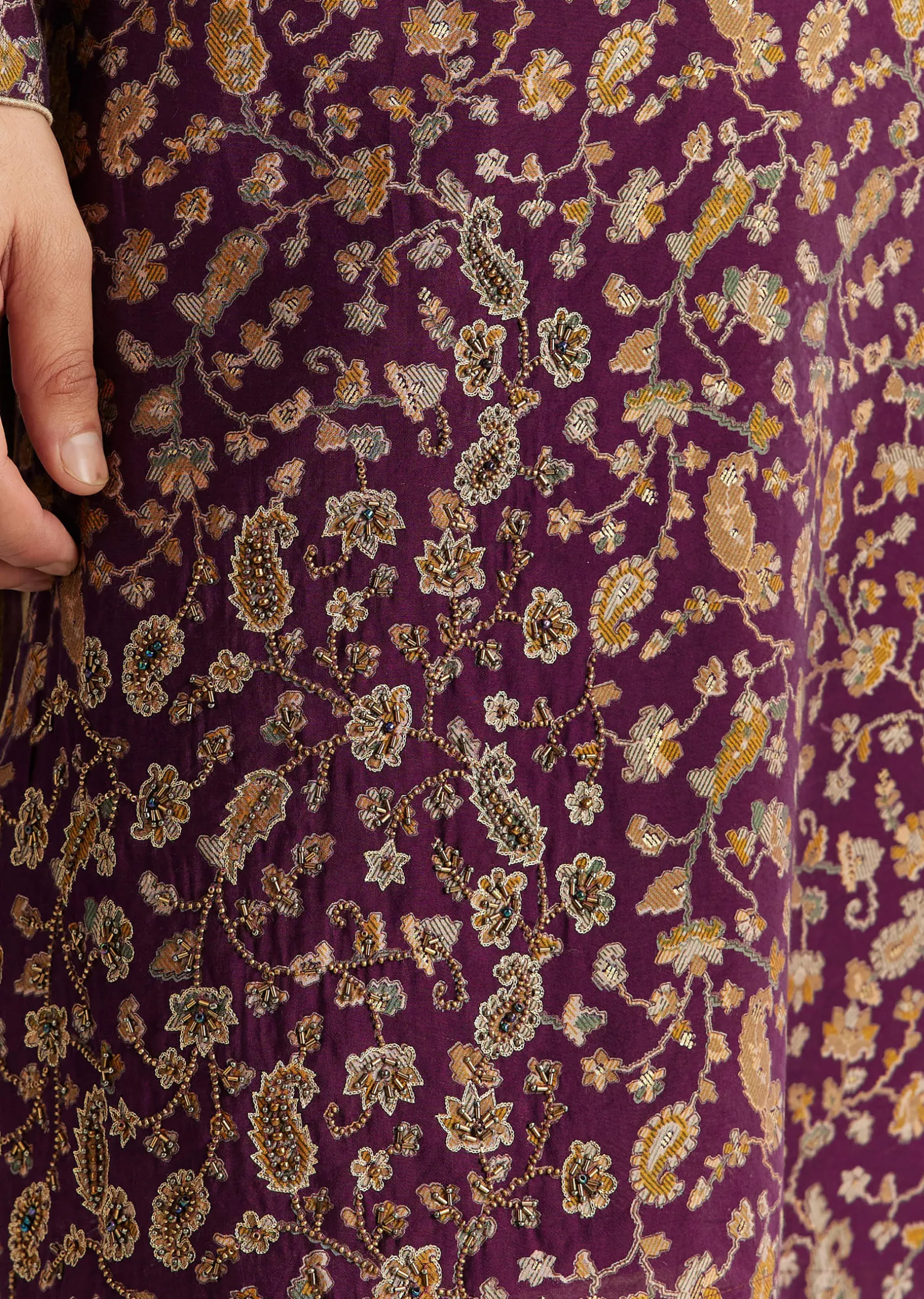 Wine Silk Floral Printed Kurta Set With Cutdana Work