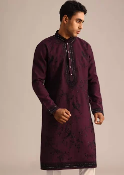 Wine Silk Hand Embroidered Kurta Set