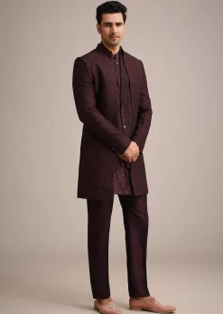 Wine Silk Indo Western And Kurta Set With Salli Work